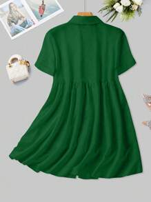 SHEIN Unity 夏季纯色翻领短袖休闲梭织衬衫荷叶边上衣 - 綠色 - 查看 3