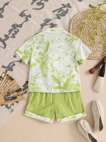 Bộ đồ mùa hè kiểu Trung Quốc cho bé trai Đường Áo sơ mi và quần short ngắn tay, Bộ trang phục dệt - màu xanh lá - Xem 2