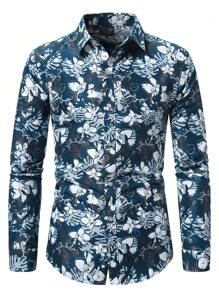 Manfinity Roughcore Men Floral Print Vacation Casual Long Sleeve Shirt, Men Blue And White Floral Button Down Shirt, Fall - Multicolor - View 7