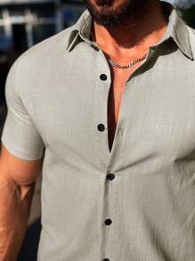 Manfinity Homme Men's Summer Solid Color Short Sleeve Shirt And Drawstring Waist Shorts Casual Set - Light Grey - View 7