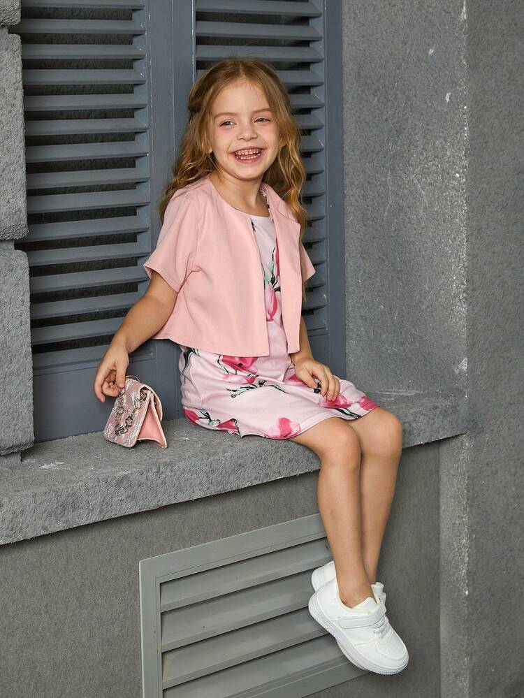 Young Girl Summer Plain Round Neck Short Sleeve Cardigan Top And Floral Print Round Neck Top Dress Set, 2pcs