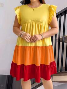 Plus Size Women's Loose Fit Colorblock Round Neck Cap Sleeve Babydoll Dress With Ruffled Hem, Summer - Multicolor - View 3