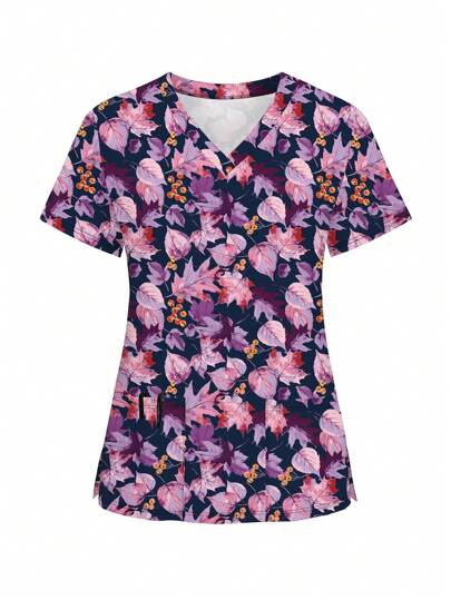 1pc Floral Print Short Sleeve Scrub Top
