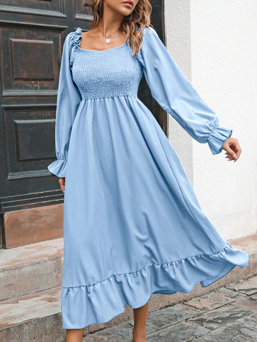 Autumn Smocked Square Neck Flared Dress | Boho Bell Sleeve Ruffle Hem Midi | Casual Elegant Solid Color - 淺藍色 - 查看 1