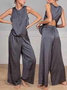 SHEIN Essnce 女性舒適的緞面親膚交叉設計2件套休閒裝，灰色，夏季波西米亞舊錢套裝現代老師服裝 - 灰色 - 查看 4