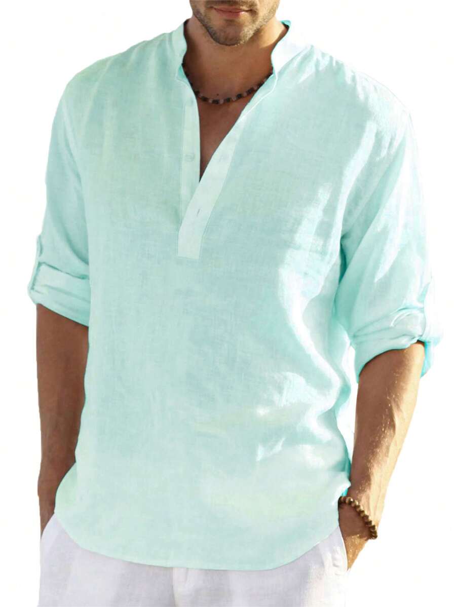 Áo thun Henley nam cổ điển họa tiết đồng xu, màu trơn, tay xắn lên - Nhẹ, thoáng khí, đa năng, phù hợp cho mọi mùa. - Màu xanh Bạc hà - Xem 1