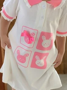 SHEIN Genkimix Kids Baby Girl Cute Rabbit Printed Short Sleeve Dress With Ribbed Collar, Summer - Multicolor - View 3