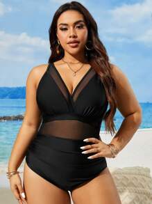 Swim Lushoire Plus-Size Summer Beach Contrast Mesh One-Piece Swimsuit, Full Coverage Swim Wear