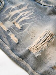 Pantalones cortos de mezclilla para hombre de ajuste delgado y pierna recta con bloqueo de color desgastado - Azul lavado medio - Ver 3