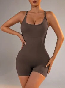 Slayform 女性純色露背瑜伽連身衣 - 棕色 - 查看 5