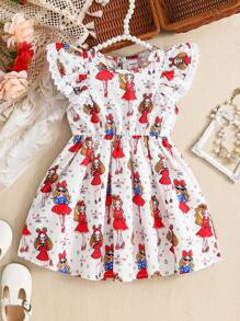 1入嬰兒女寶寶可愛卡通圖案荷葉邊無袖連衣裙，適用於日常穿著、攝影和遊戲，夏季 - 白色 - 查看 1