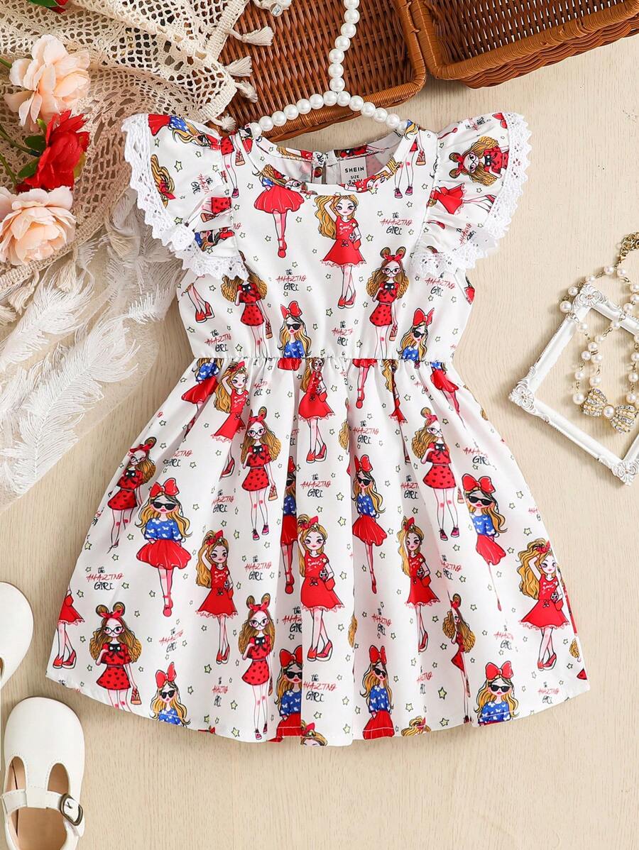 1入嬰兒女寶寶可愛卡通圖案荷葉邊無袖連衣裙，適用於日常穿著、攝影和遊戲，夏季 - 白色 - 查看 1