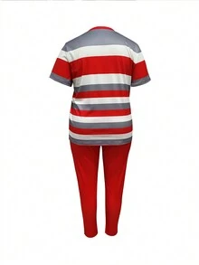 Plus Size Color-Block Striped Short Sleeve T-Shirt And Long Pants Women's Set - Red - View 2