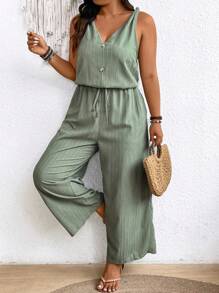 SHEIN Frenchy 大码泥土纹理绉布吊带连体裤，带蝴蝶结腰部和 V 领 - 綠色 - 查看 7