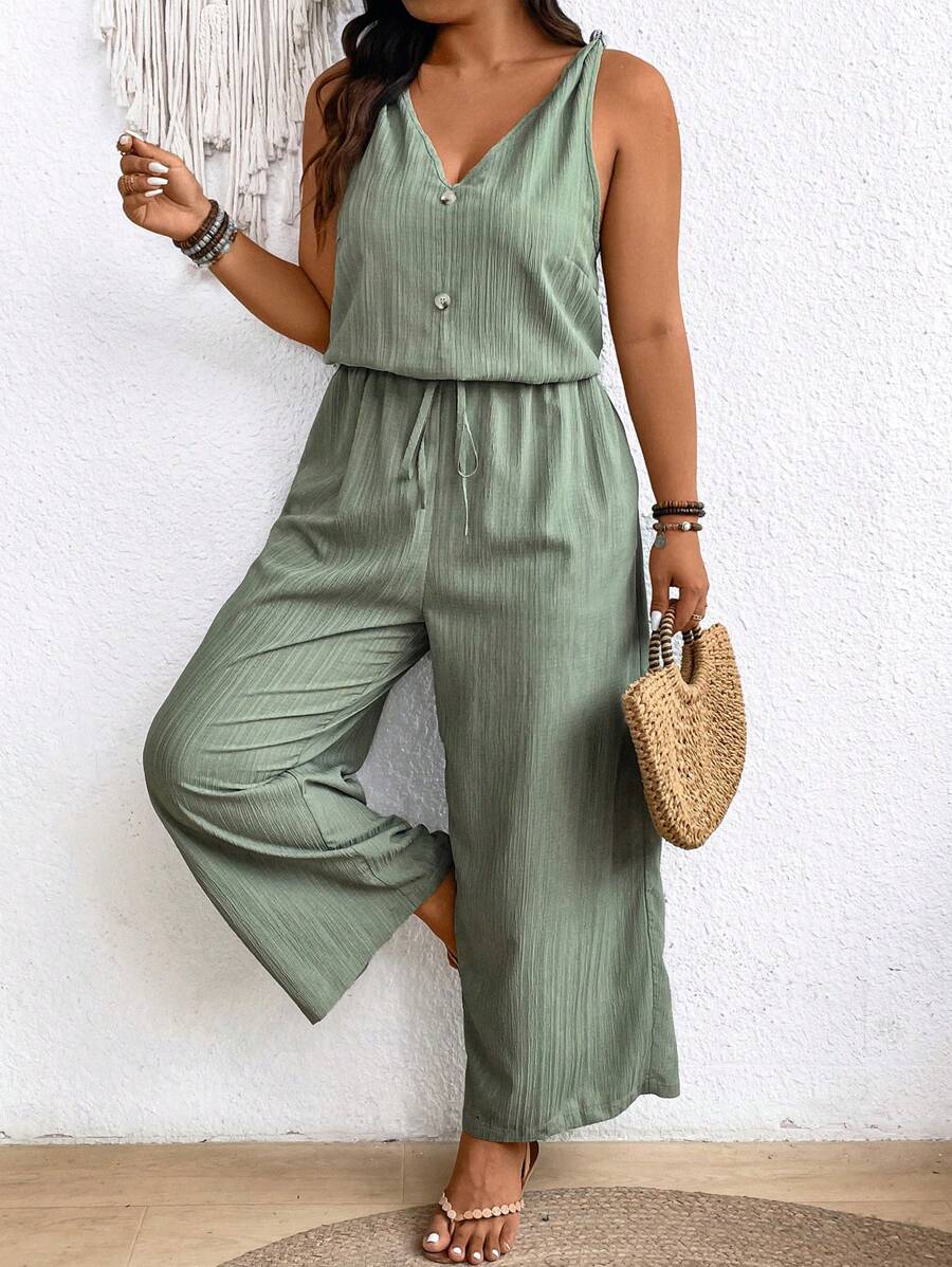 SHEIN Frenchy Bộ đồ liền thân vải crepe họa tiết đất cỡ lớn có eo thắt nơ và cổ chữ V - màu xanh lá - Xem 1