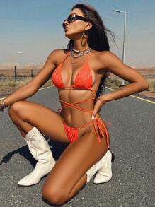 Swim EVENT Women's Vacation Rhinestone Butterfly Decor Orange Halter Neck Tie Sexy Bikini Set Summer - Burnt Orange - View 8