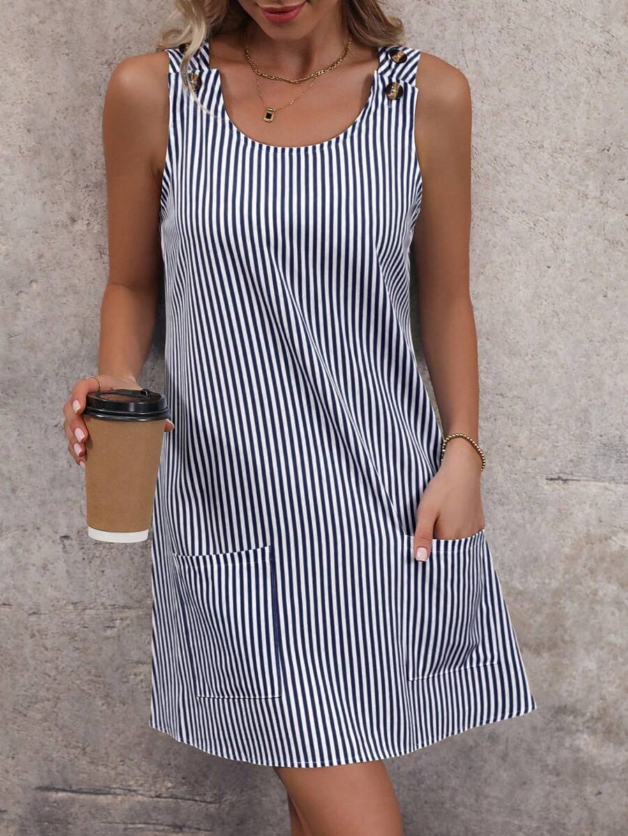 SHEIN LUNE Vestido sin mangas simple de cuello redondo con estampado de rayas para mujer, perfecto para uso diario - azul real - Ver 1