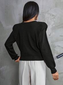 EURMUSE Casual Golden Chain Detailed Plain Pattern Sweater With Shoulder Pad - Black - View 5