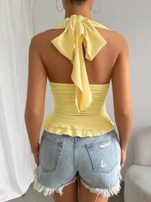 Femesol Women's Summer Elegant Solid-Color Ruffled Slim-Fit Halter Neck Camisole - Yellow - View 3