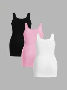 SHEIN Essnce Plus Size Nữ Mùa Hè Thời Trang Thể Thao Đi Lại Đa Năng 3 Màu Đen Kaki Trắng Slim Dài Bể - Hồng - Xem 2