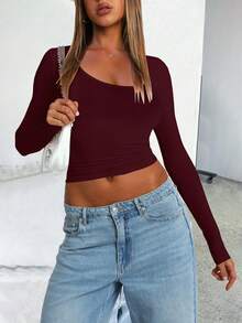 SHEIN Raffinéa Scoop Neck Slim Fit Crop Tee Fall Cloth For Women - Burgundy - View 4