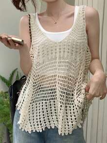 實心空心針織毛衣背心 - 杏色 - 查看 4