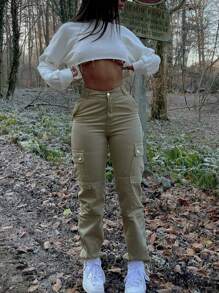 Women Casual Solid Color Multipocket Cargo Pants - Màu xanh Ô liu - Xem 4