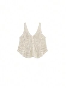 實心空心針織毛衣背心 - 杏色 - 查看 2