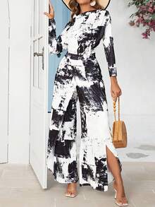 ChicMe Tie Dye One Shoulder Slit Wide Leg Jumpsuit Long Sleeve Elegant Fashion Party Outfit For Women - Black and White - View 3