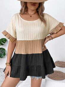 Breezaya Blouse à manches volantées de blocs de couleurs décontractée pour les vacances de grande taille