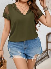 SHEIN Frenchy 大码女式蕾丝拼接短袖夏季衬衫 - 軍綠色 - 查看 5