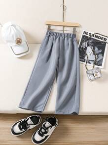 SHEIN Summer Casual Loose Fit, Comfortable, Laid-Back, All-Match Color Girls' Pants, Suitable For Daily Wear And Home Activities - Grey - View 1