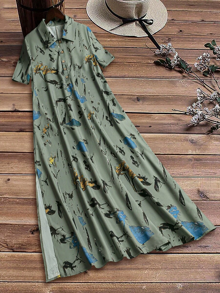 EMERY ROSE Women's Holiday Casual Random Print Side Split Long Dress - Green - View 1