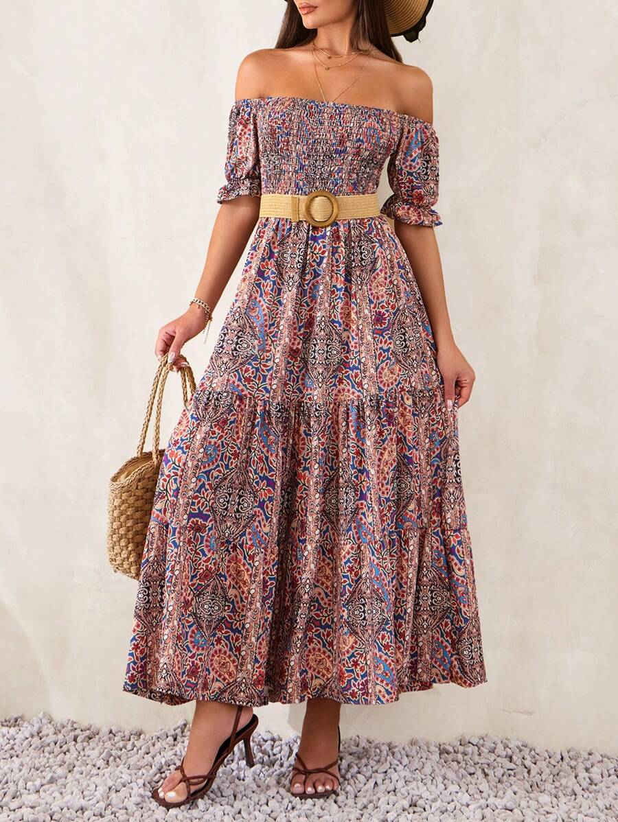 EURMUSE Women Mixed Print Long Dress - Brown - View 1