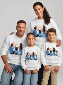 Figures & Text Printed Long Sleeve Fleece Round Neck Sweatshirt For Young Boys, Daddy And Me Matching (2 Pieces Sold Separately) - White - View 1