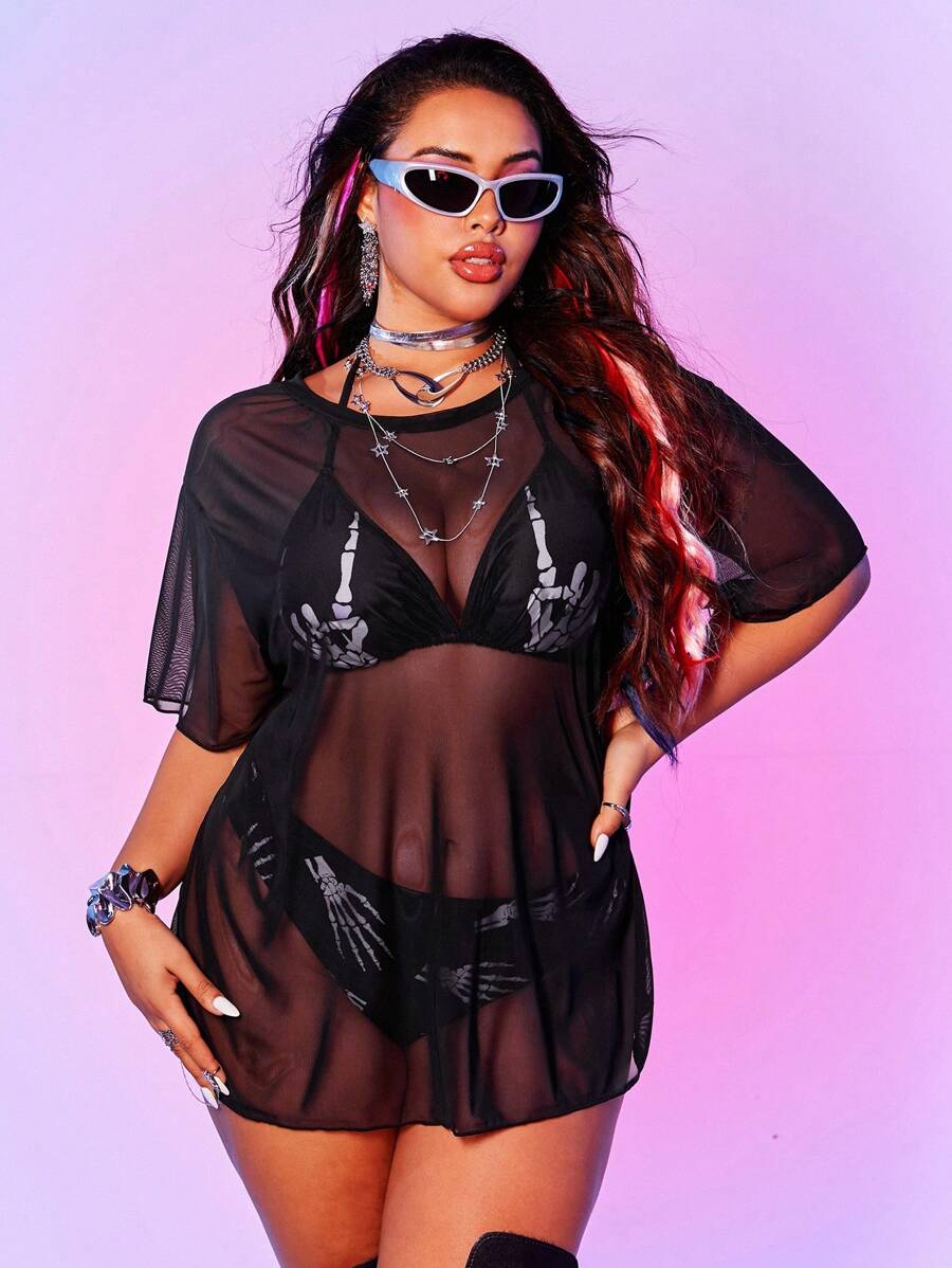 Swim EVENT Plus Size Round Neck Sheer Casual Beachwear Set Of Tankini, Swimming Trunks, And Cover Up Summer