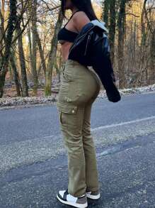 Women Casual Solid Color Multipocket Cargo Pants - Màu xanh Ô liu - Xem 3