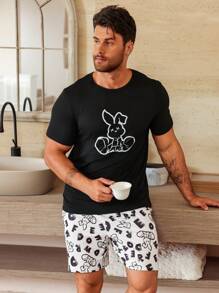 Men's Cartoon Print Round Neck Short Sleeve Top And Shorts Summer Home Wear Set - Black and White - View 1