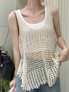 實心空心針織毛衣背心 - 杏色 - 查看 7