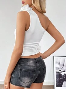 SHEIN Unity 女士純色雙層單肩裝飾3D花朵側褶上衣 - 白色 - 查看 2