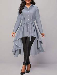 Women's Fashionable Asymmetric Hem Striped Blouse, Spring/Autumn - Grey - View 1
