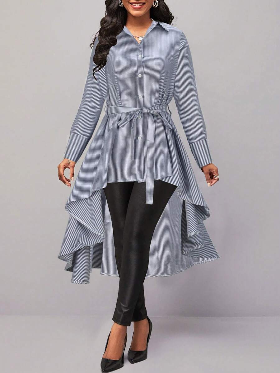 Women's Fashionable Asymmetric Hem Striped Blouse, Spring/Autumn - Grey - View 1