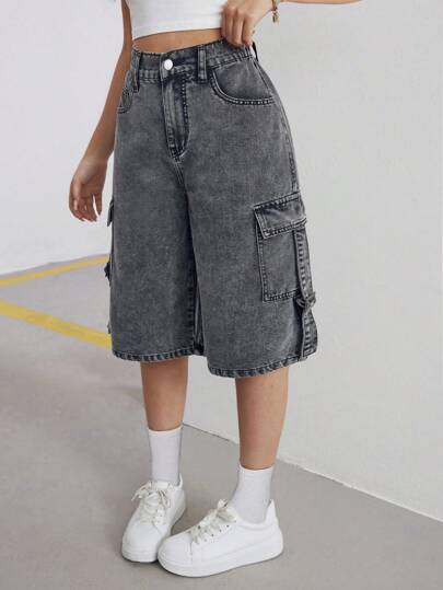 SHEIN Teen Girl Loose Casual Seven-Point Denim Pants With Utility Pockets