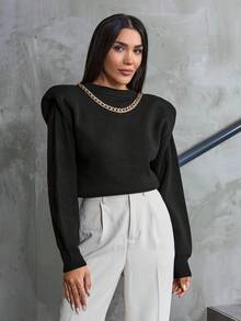 EURMUSE Casual Golden Chain Detailed Plain Pattern Sweater With Shoulder Pad - Black - View 6