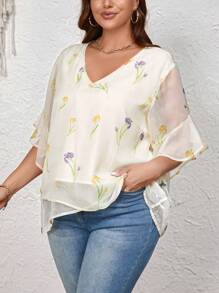 SHEIN Privé Damen Große Größen Oversize Bluse mit Blumendruck und Rüschenverzierung - Verschiedenfarbig - Übersicht 2