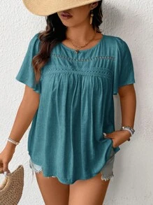 SHEIN Frenchy 大尺碼圓領純色荷葉邊短袖休閒夏季上衣 - 水鴨藍 - 查看 5