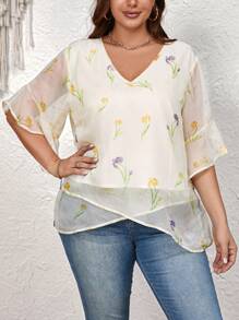 SHEIN Privé Damen Große Größen Oversize Bluse mit Blumendruck und Rüschenverzierung - Verschiedenfarbig - Übersicht 4