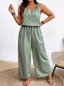 SHEIN Frenchy 大码泥土纹理绉布吊带连体裤，带蝴蝶结腰部和 V 领 - 綠色 - 查看 3