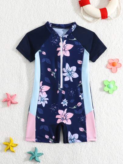 SHEIN 嬰兒女裝夏季拼色花卉圖案一件式游泳衣防曬上衣，帶有帽式短袖、拉鍊和卡通花卉圖案，可愛又甜美的風格，適用於游泳、水上樂園、衝浪、海灘、泳池派對等場所