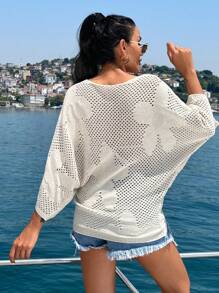 EURMUSE Blusas de punto con detalles de flores y calados para mujer, para verano, vacaciones y playa - Beis - Ver 6